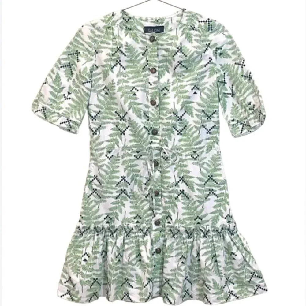 Saloni Green White Fern Cotton Billie C Mini Dress size 0